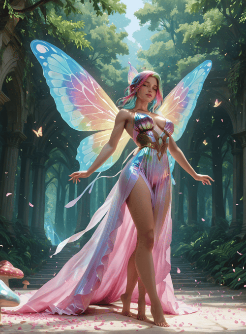 fairy, mushroom, column, butterfly, forest, dress, wing, stone, plant, light
