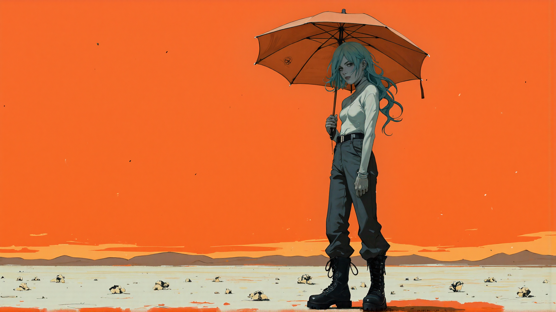 AI generated wallpaper featuring woman, umbrella, desert, sunset, boots, pants, hair, sky, mountains, ground