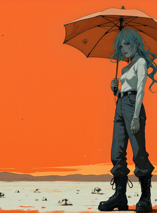 woman, umbrella, desert, sunset, boots, pants, hair, sky, mountains, ground