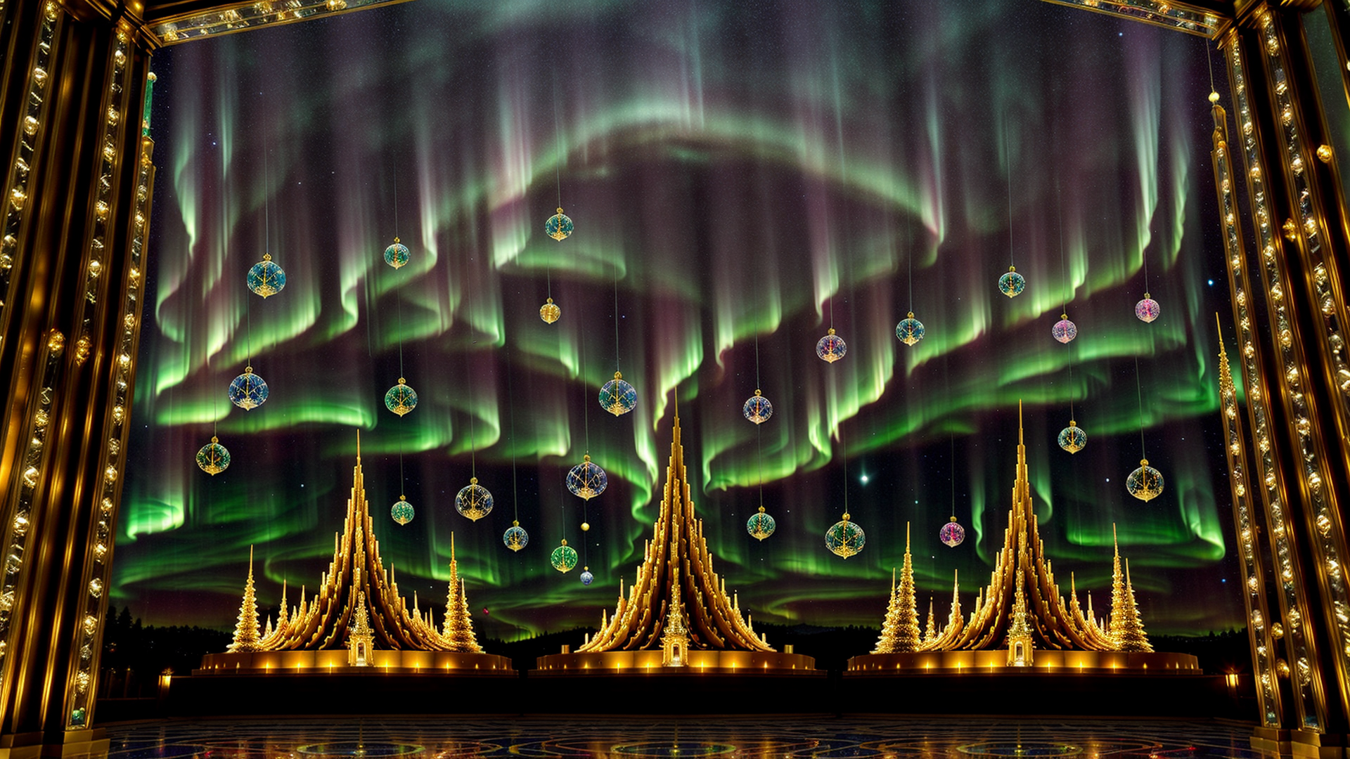 AI generated wallpaper featuring aurora, bells, castles, doorway, crystals, stars, lighting, architecture, glass, ornaments