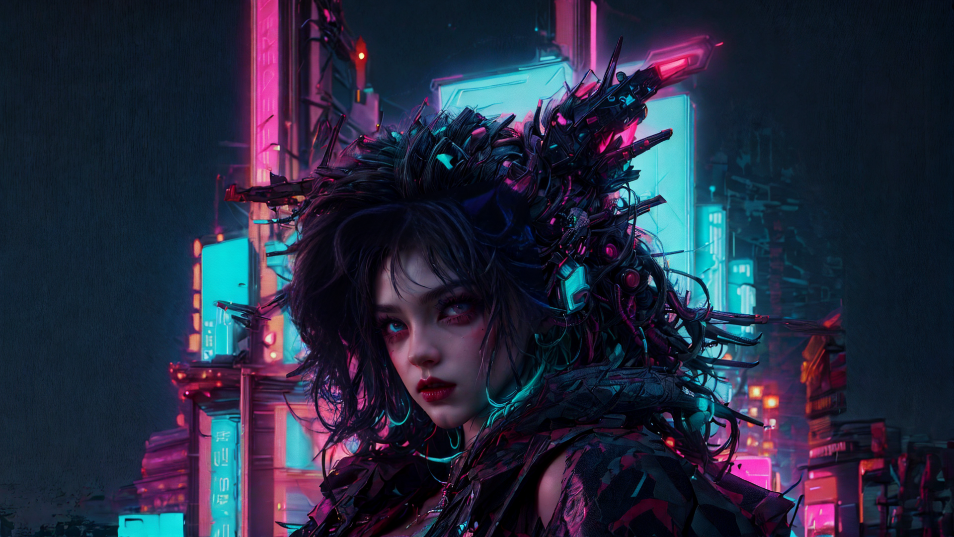 AI generated wallpaper featuring cyberpunk, woman, neon
