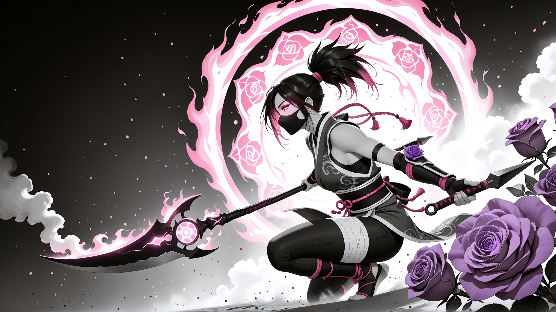 AI generated wallpaper featuring ninja, woman, swords, roses, mask, flames, circles, braid, clouds, smoke