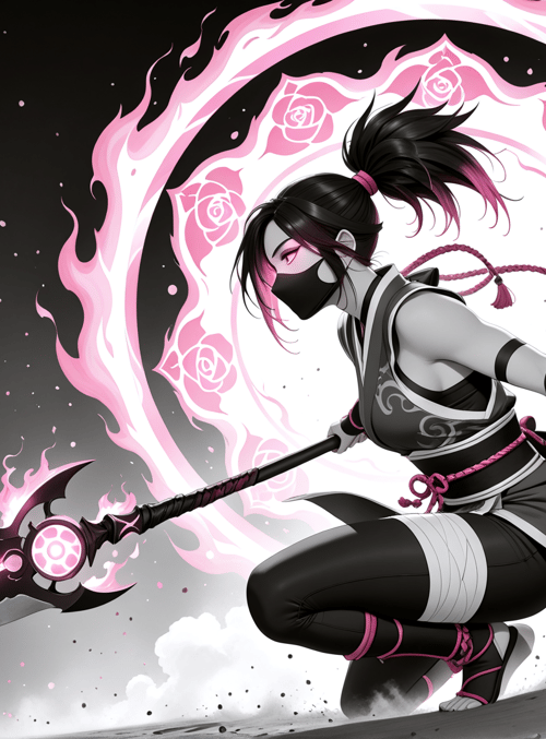 ninja, woman, swords, roses, mask, flames, circles, braid, clouds, smoke