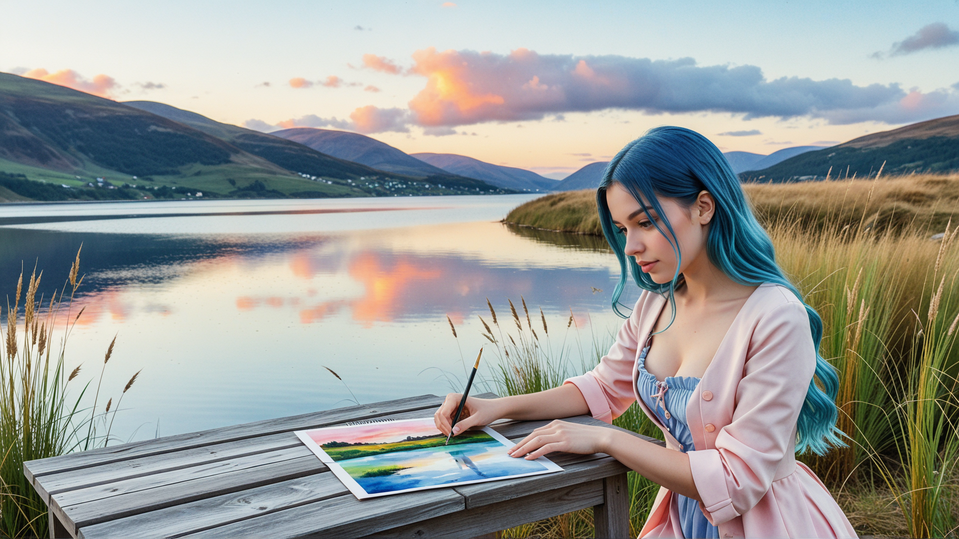 AI generated wallpaper featuring woman, artist, painting, lake, mountains, grass, sunrise, sky, table, brush