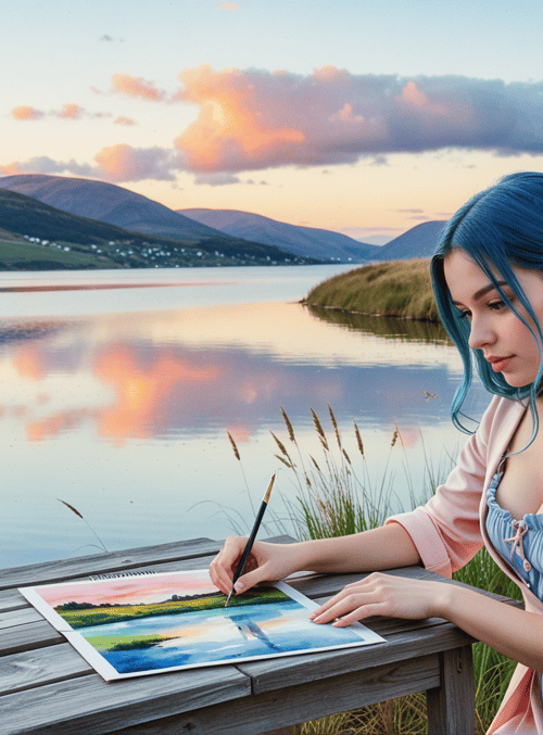 woman, artist, painting, lake, mountains, grass, sunrise, sky, table, brush