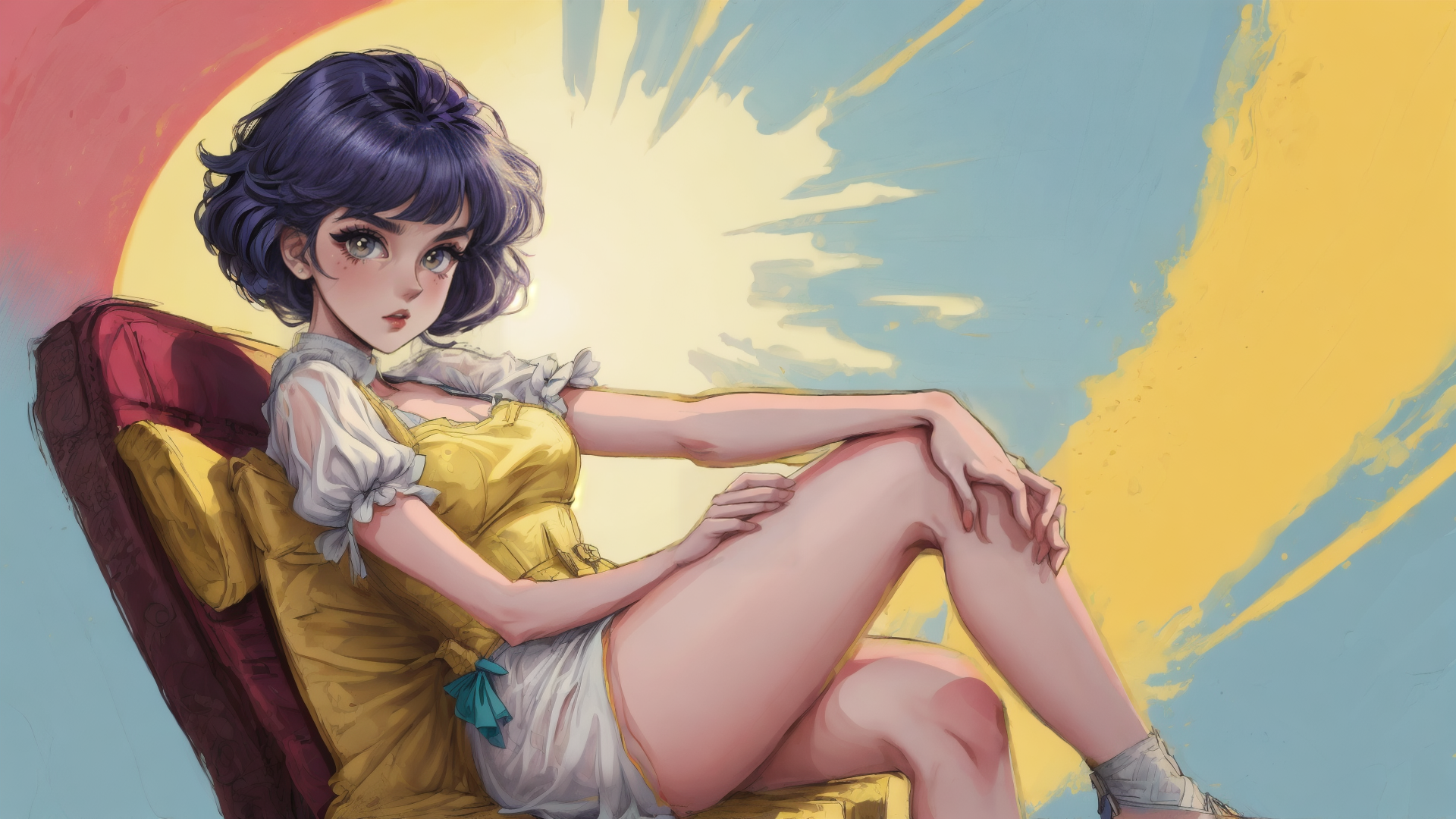 AI generated wallpaper featuring woman, sunset, chaise
