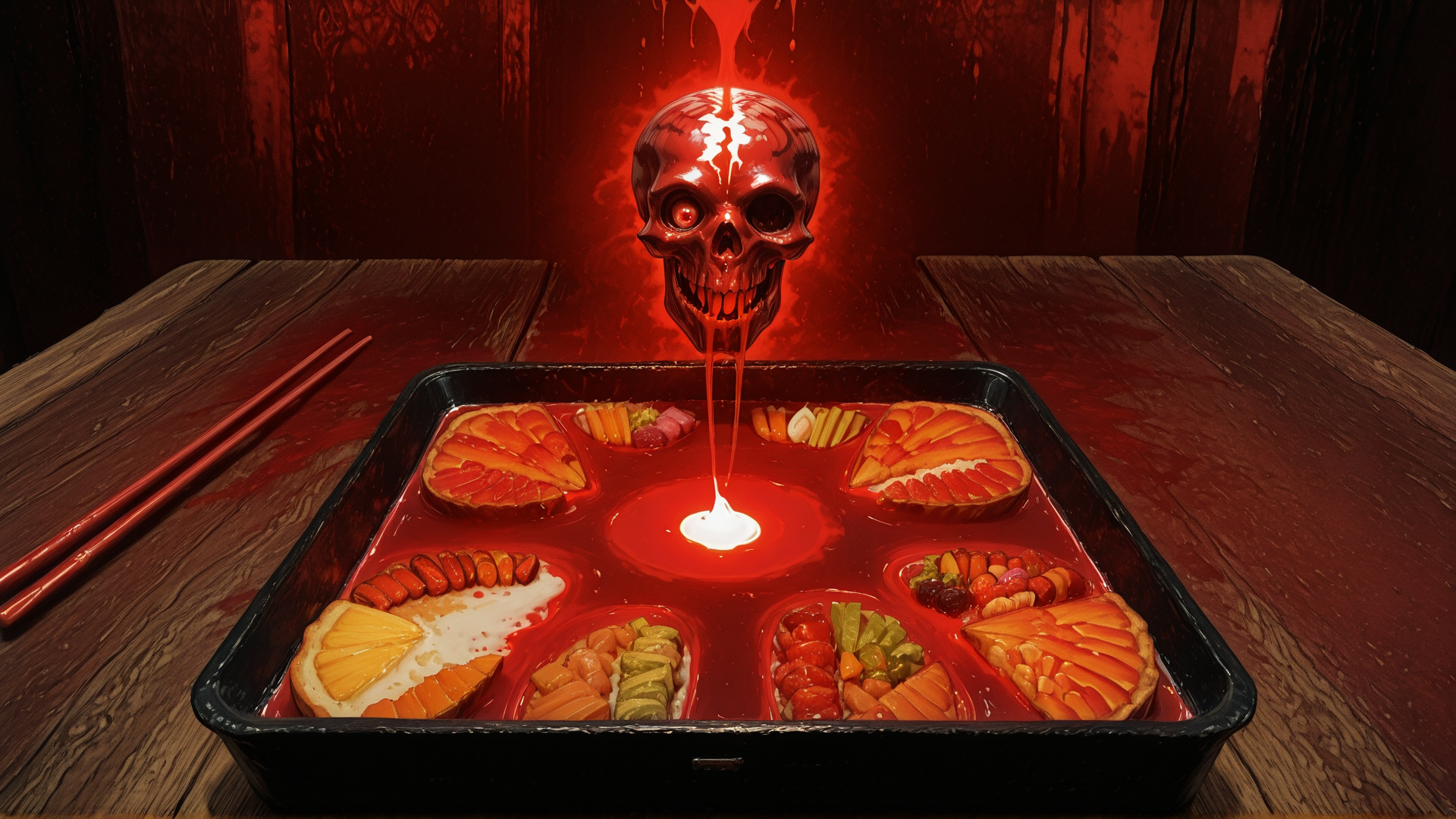 AI generated wallpaper featuring skull, tray, food, chopsticks, blood, red, orange, grapes, carrots, cheese