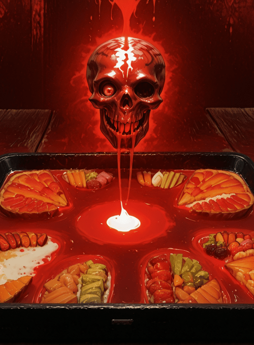 skull, tray, food, chopsticks, blood, red, orange, grapes, carrots, cheese