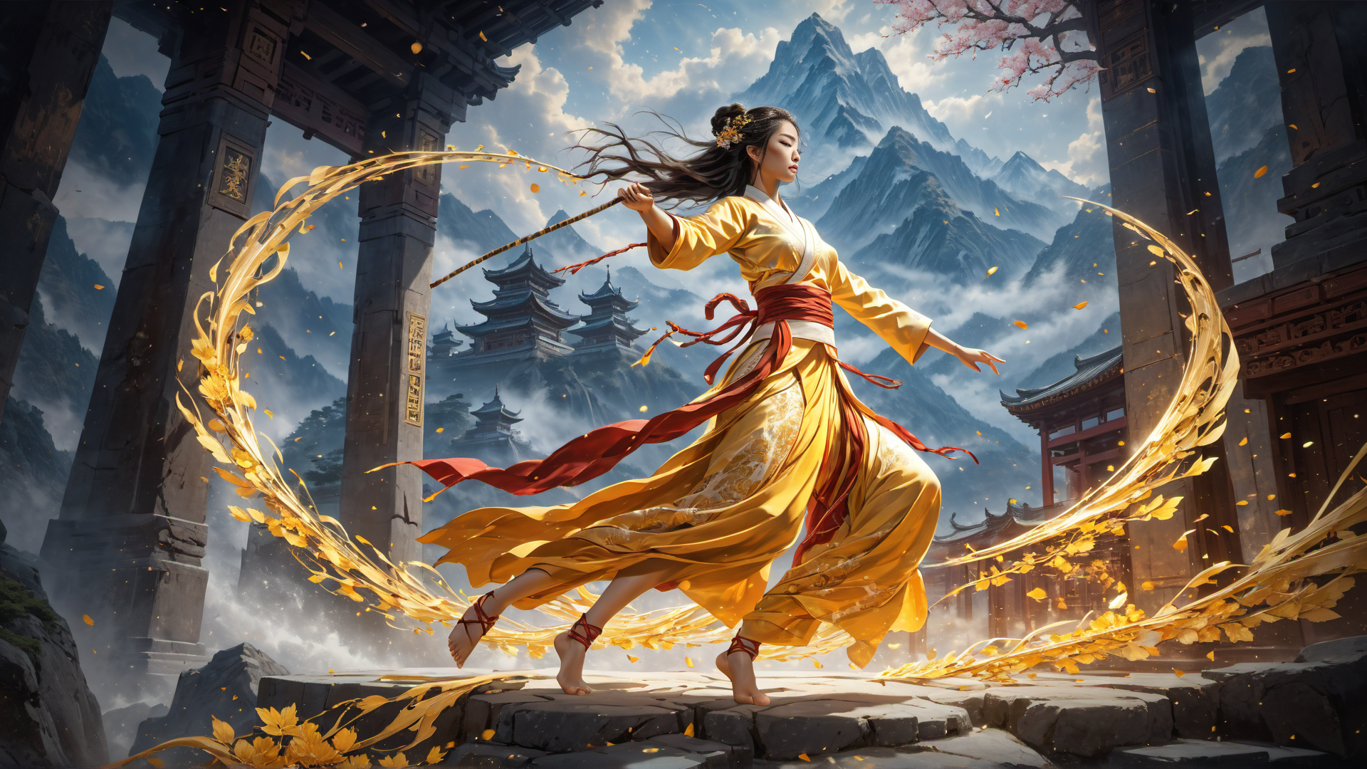 AI generated wallpaper featuring woman, bamboo, mountain
