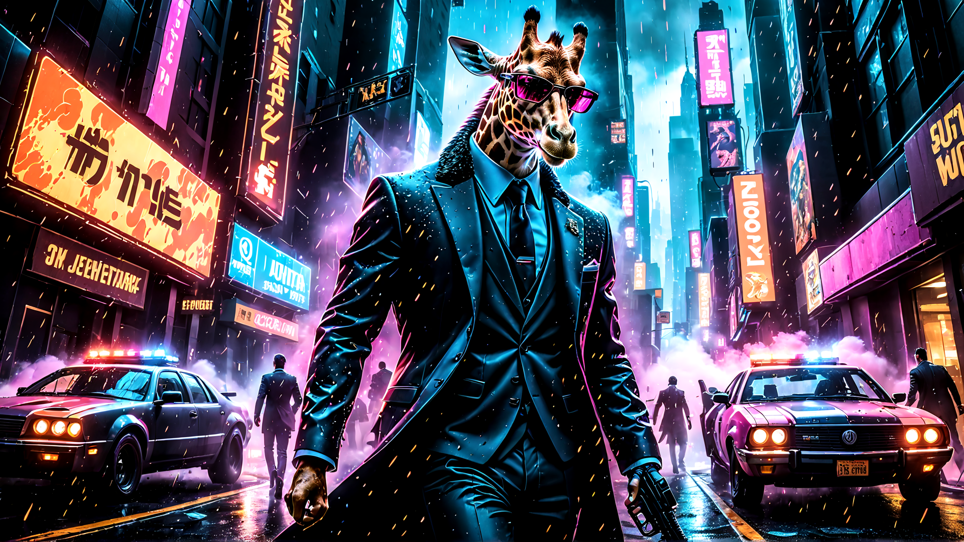 AI generated wallpaper featuring giraffe, suits, city