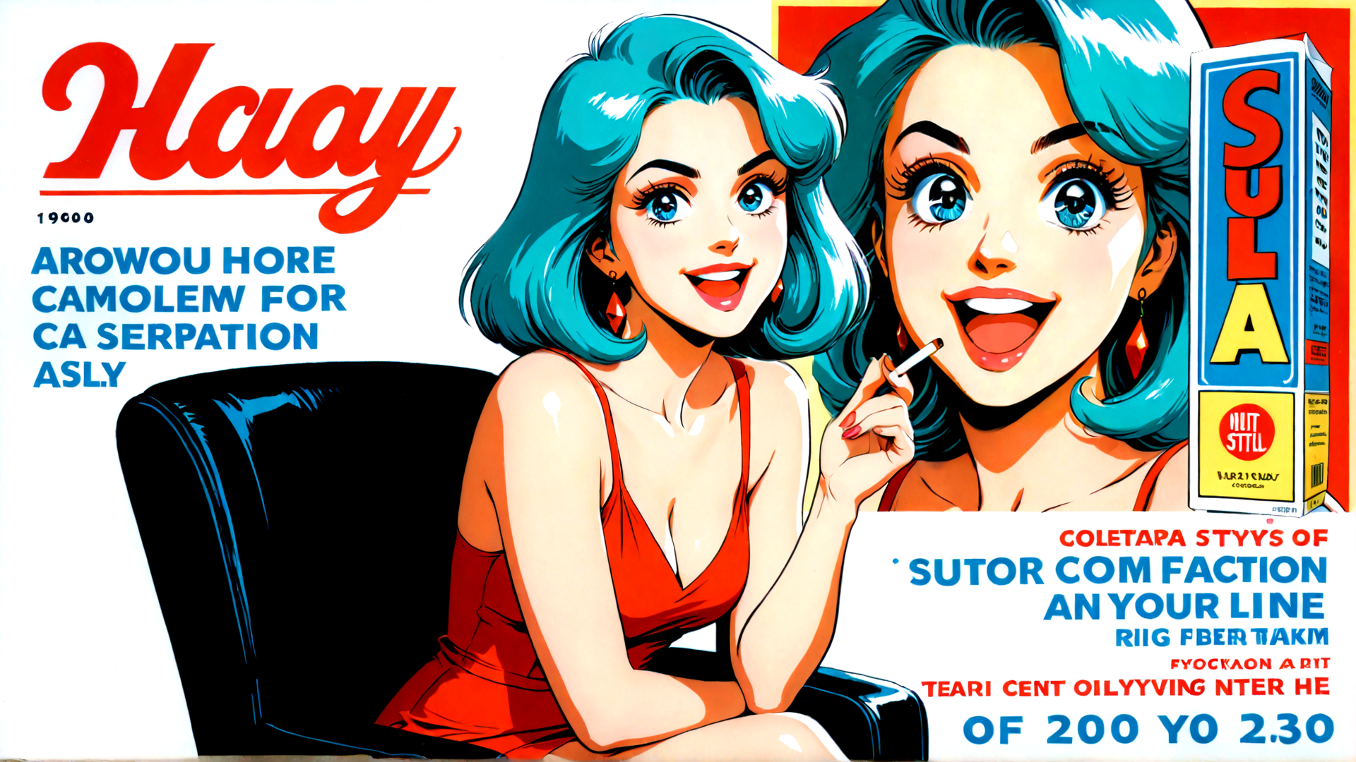 AI generated wallpaper featuring woman, magazine, cigarette, chair, box