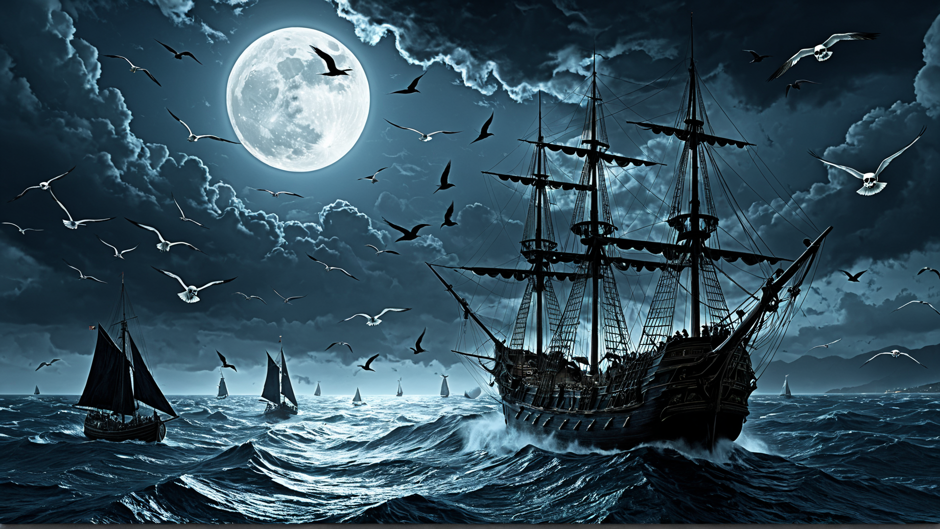 AI generated wallpaper featuring ship, seagulls, moon