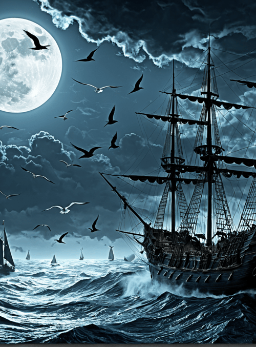 ship, seagulls, moon