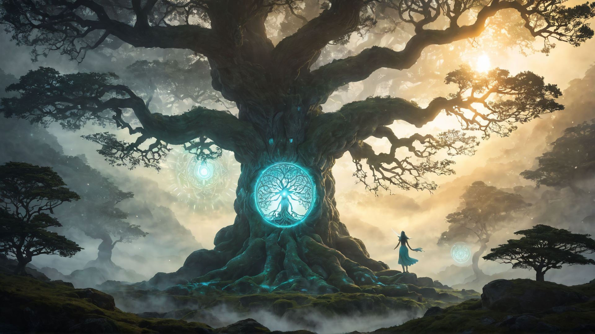 AI generated wallpaper featuring tree, woman, magic circle, fairy tale, nature, ancient tree