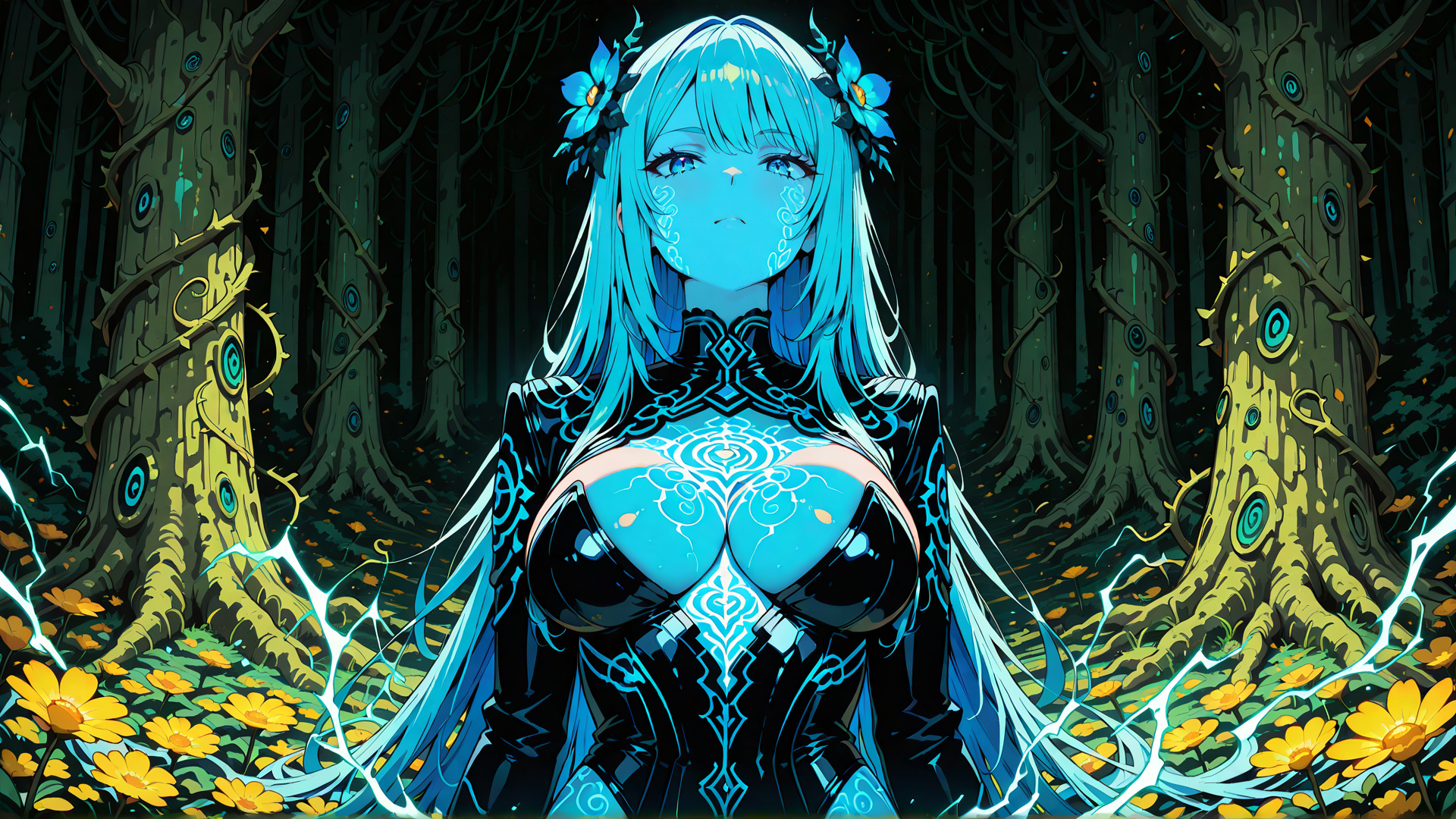 AI generated wallpaper featuring anime girl, forest, trees, flowers, magic, glowing, fairy, nature, symbol, lightning