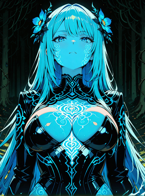 anime girl, forest, trees, flowers, magic, glowing, fairy, nature, symbol, lightning