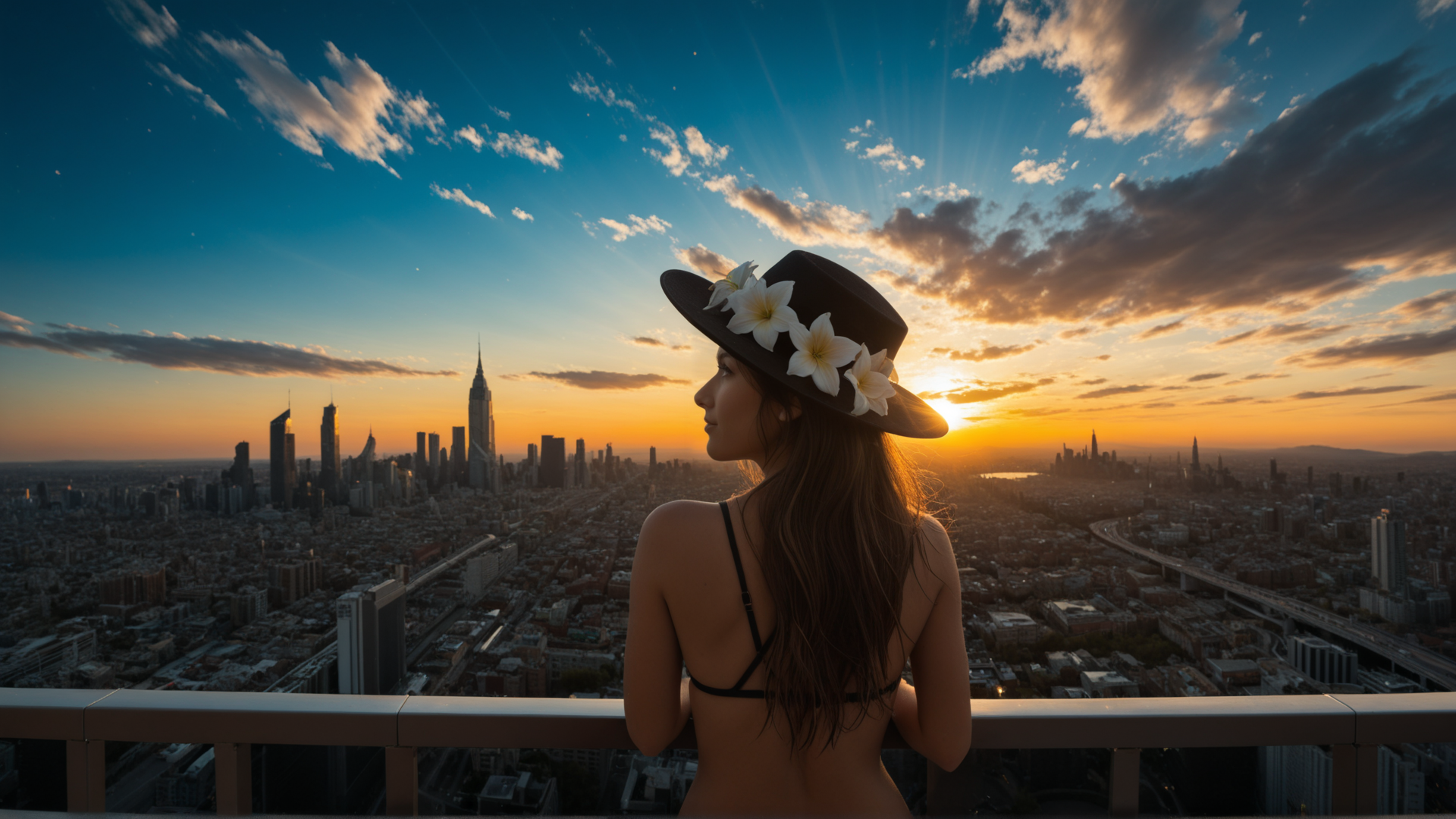 AI generated wallpaper featuring woman, hat, cityscape, sunrise, flowers, sunset