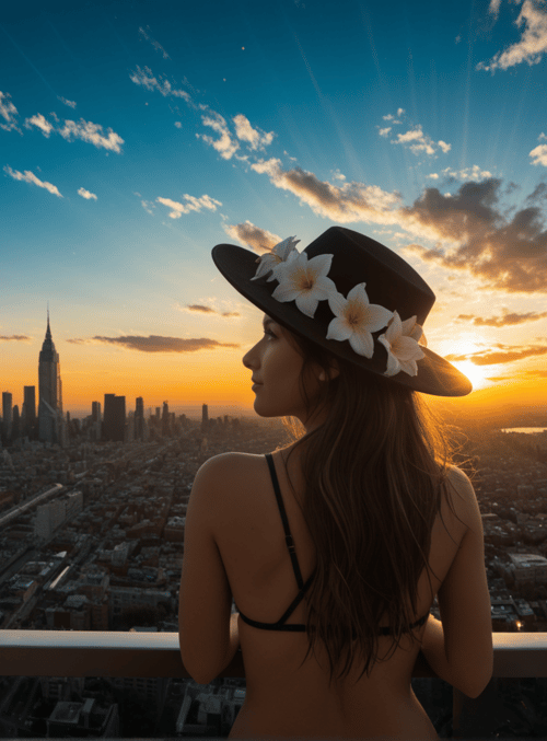 woman, hat, cityscape, sunrise, flowers, sunset