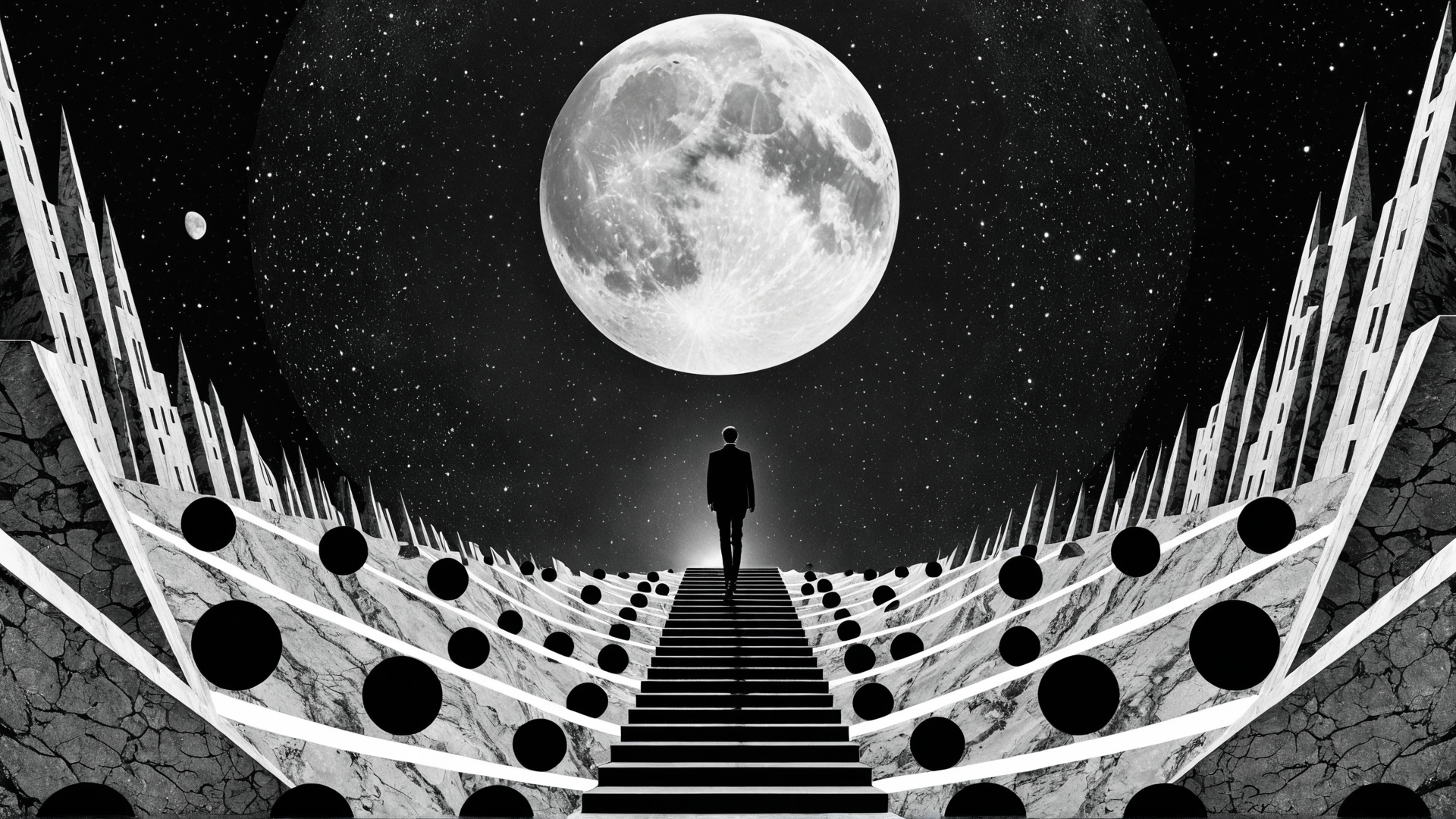 AI generated wallpaper featuring man, moon, stairs, dots, buildings