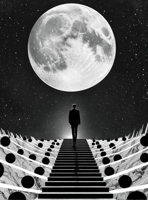 man, moon, stairs, dots, buildings