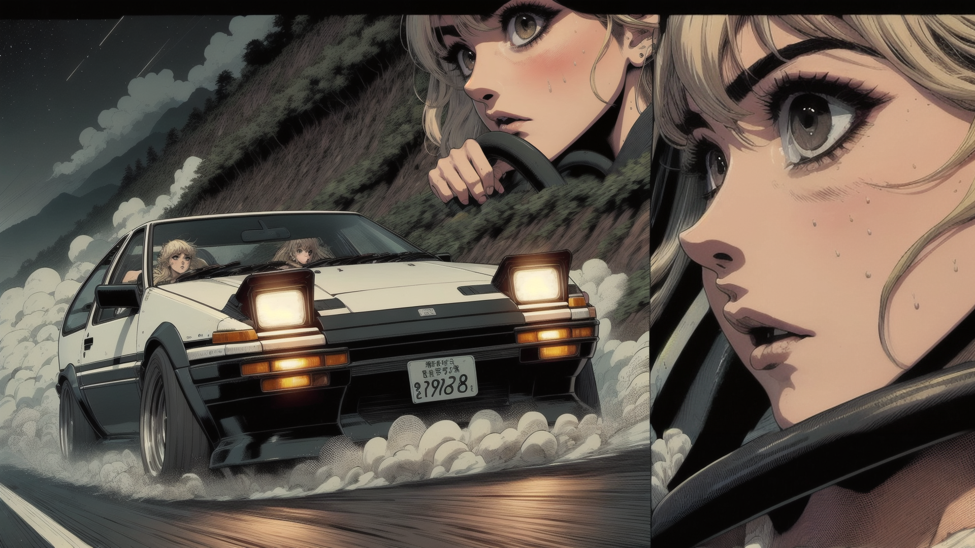 AI generated wallpaper featuring car, woman, driver, passenger, mountain, night, road, steering wheel, headlight, license plate
