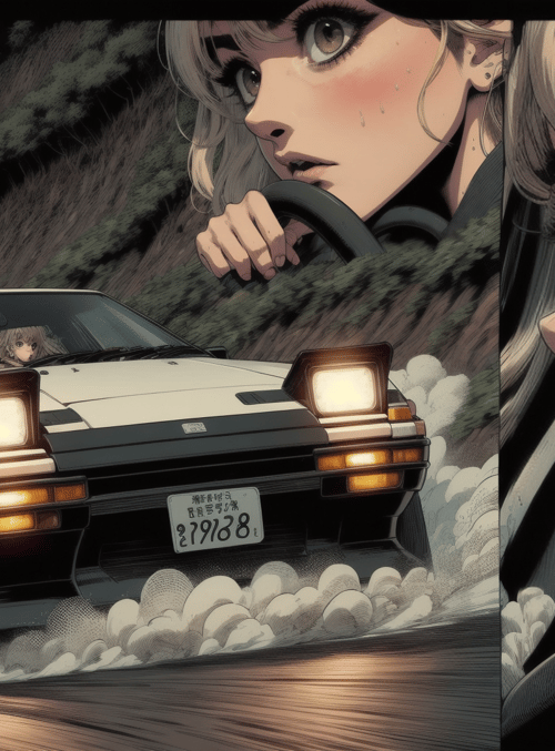 car, woman, driver, passenger, mountain, night, road, steering wheel, headlight, license plate