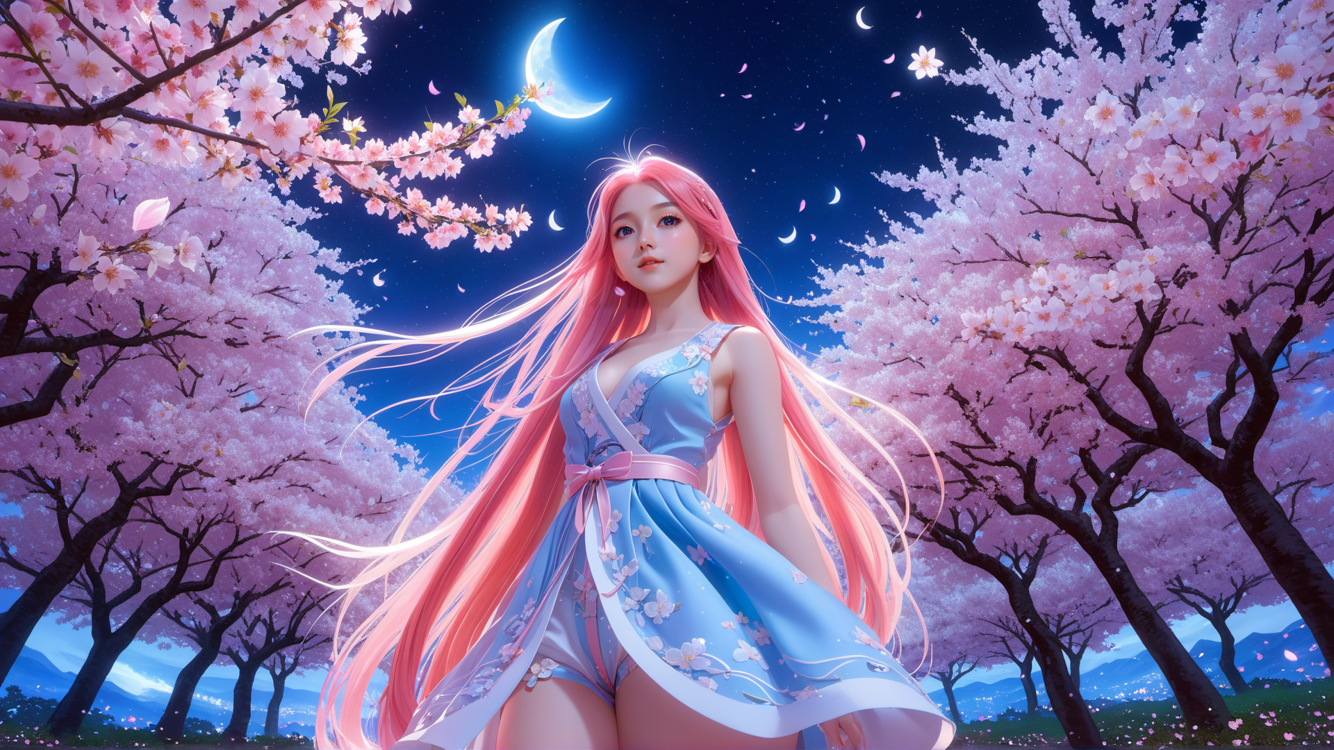 AI generated wallpaper featuring woman, cherry blossoms, moon