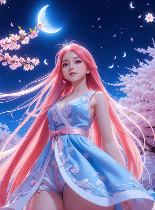 woman, cherry blossoms, moon