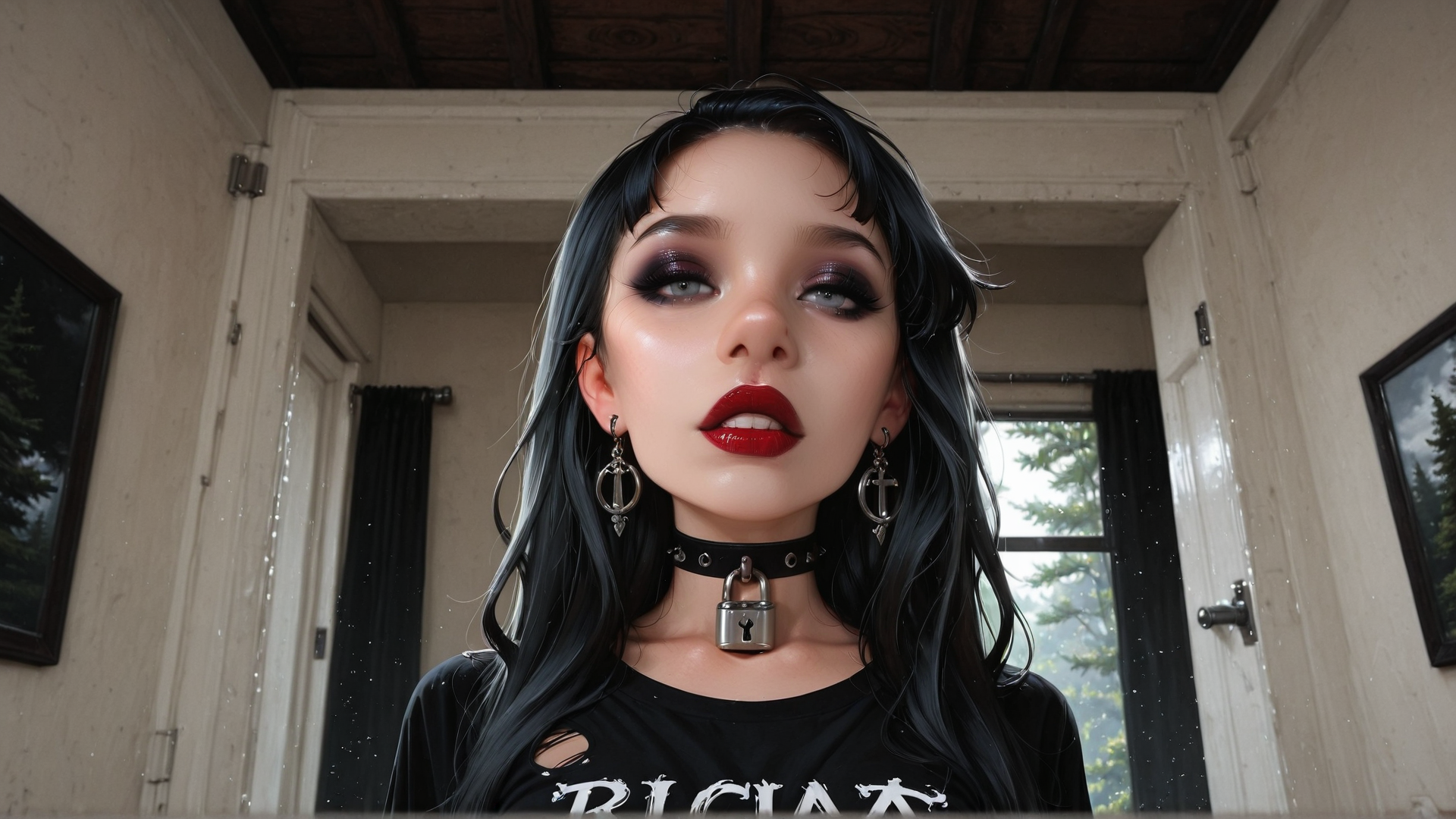 AI generated wallpaper featuring woman, choker, earrings, shirt, hair