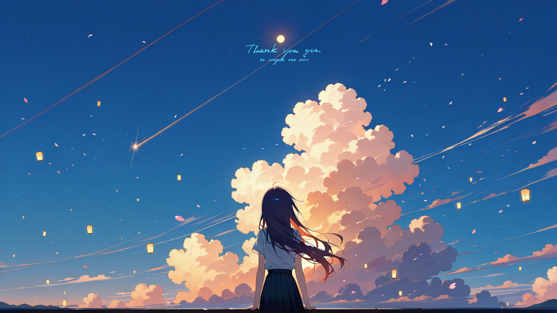 AI generated wallpaper featuring girl, clouds, lanterns