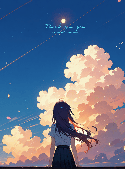girl, clouds, lanterns