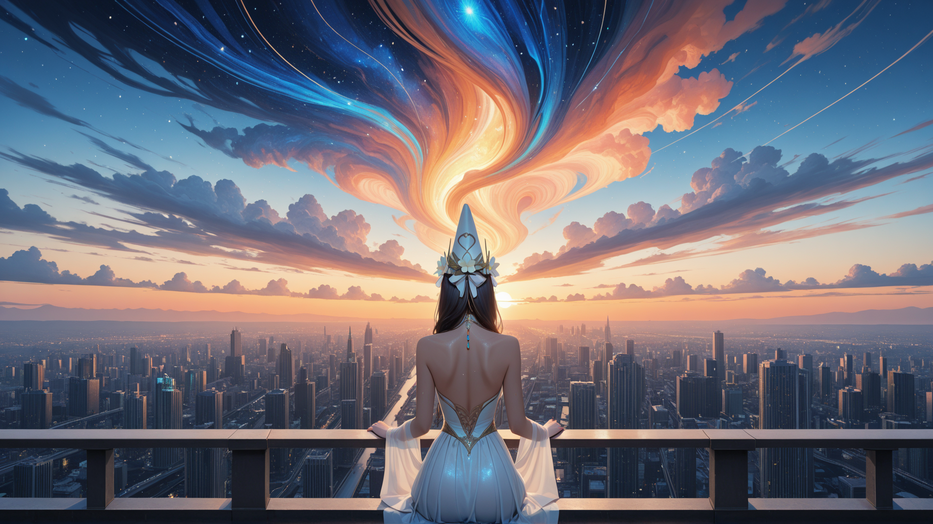 AI generated wallpaper featuring woman, cityscape, sunrise, clouds, dress, helmet, stars, sky, balcony, sun