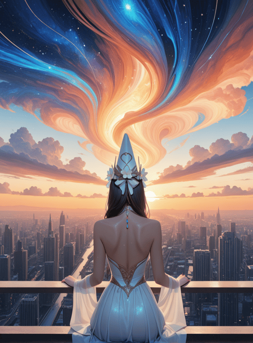 woman, cityscape, sunrise, clouds, dress, helmet, stars, sky, balcony, sun