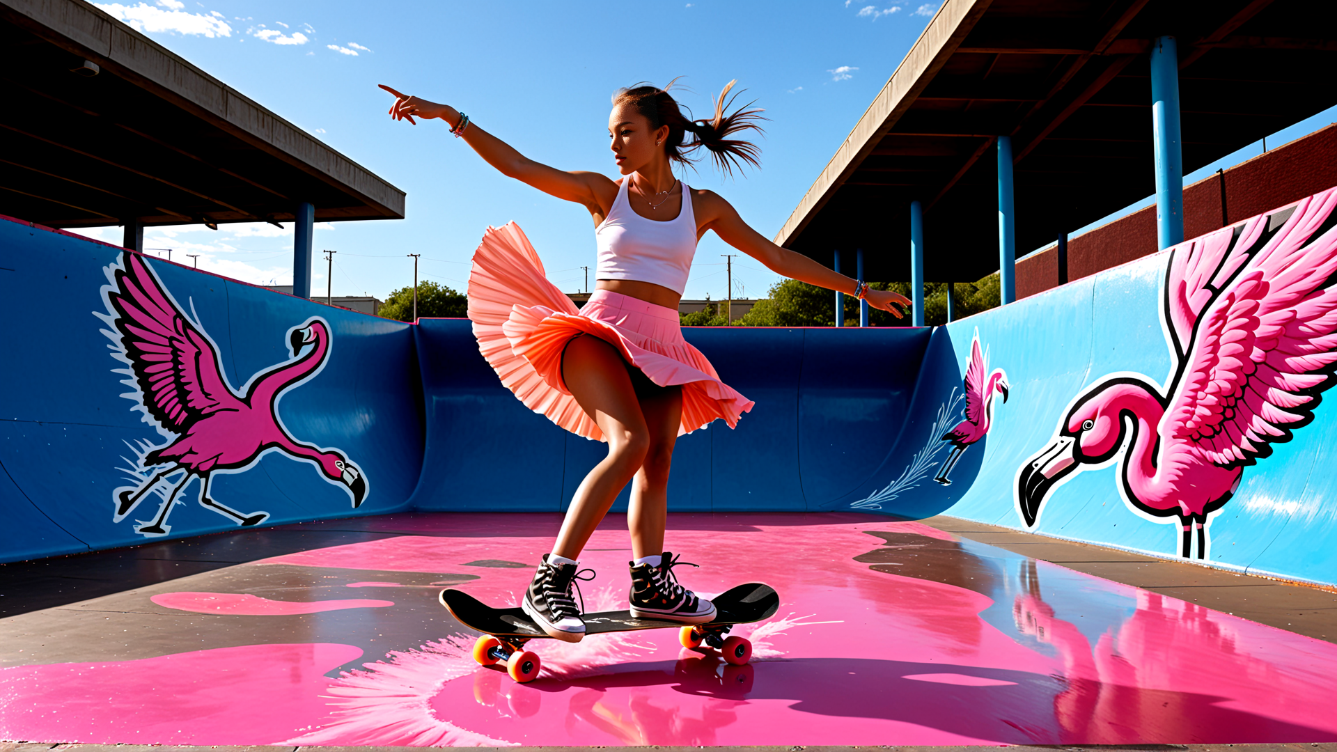 AI generated wallpaper featuring skateboarder, flamingo, skateboard, skate park, pant, skirt, sneakers