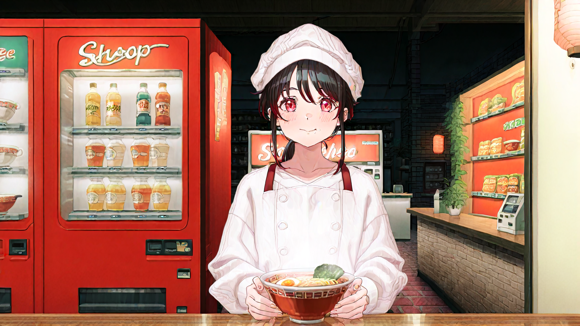 AI generated wallpaper featuring chef, noodle, bowl, refrigerator, store, woman, food, anime, bakery, serving