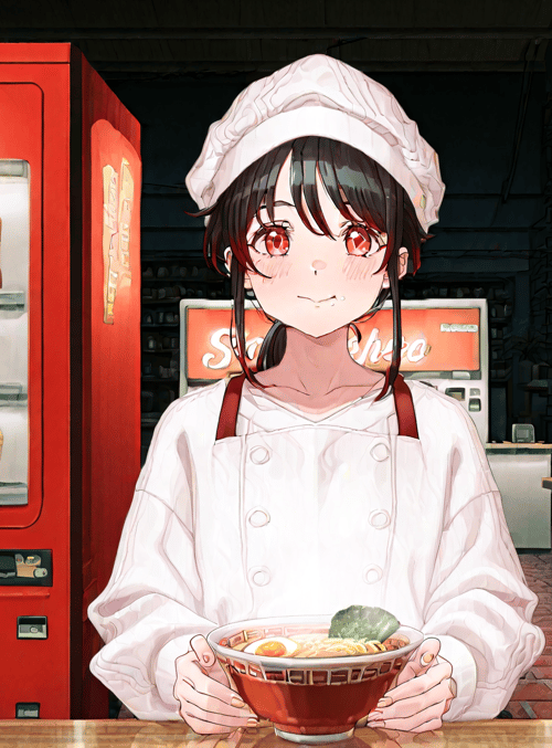 chef, noodle, bowl, refrigerator, store, woman, food, anime, bakery, serving