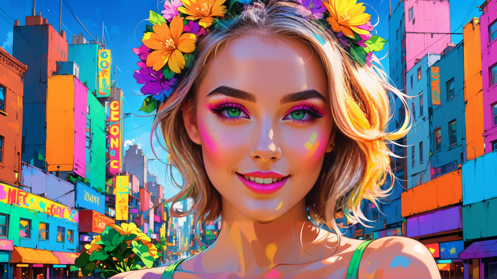 AI generated wallpaper featuring woman, cityscape, flowers