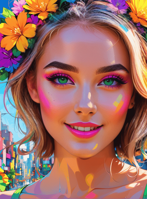 woman, cityscape, flowers