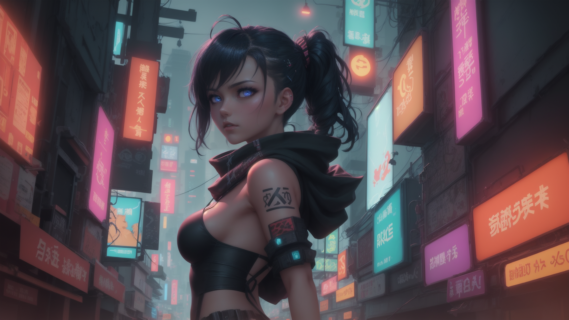 AI generated wallpaper featuring woman, neon, city