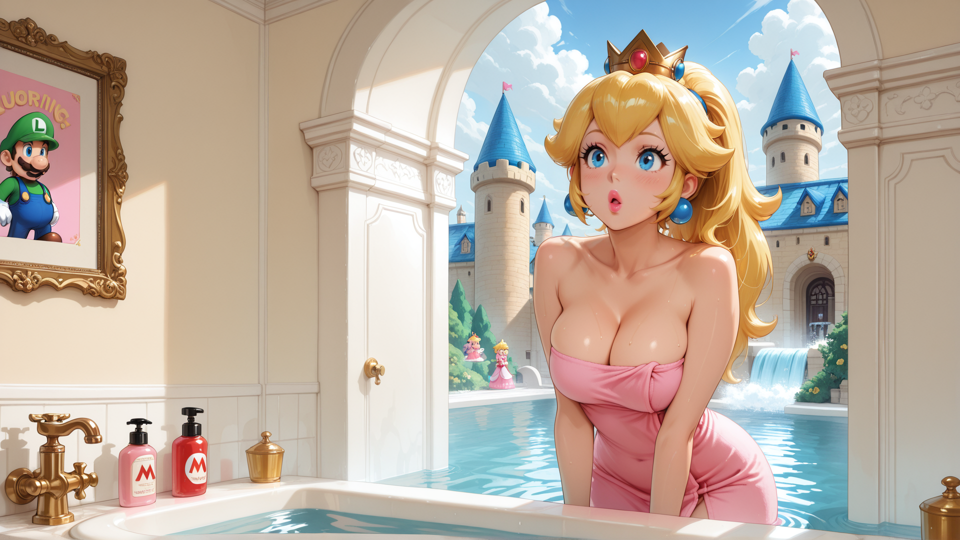 AI generated wallpaper featuring princess, bathroom, castle, mario, peach