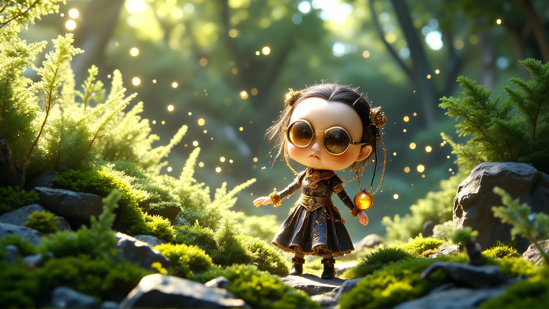 AI generated wallpaper featuring doll, forest, glasses