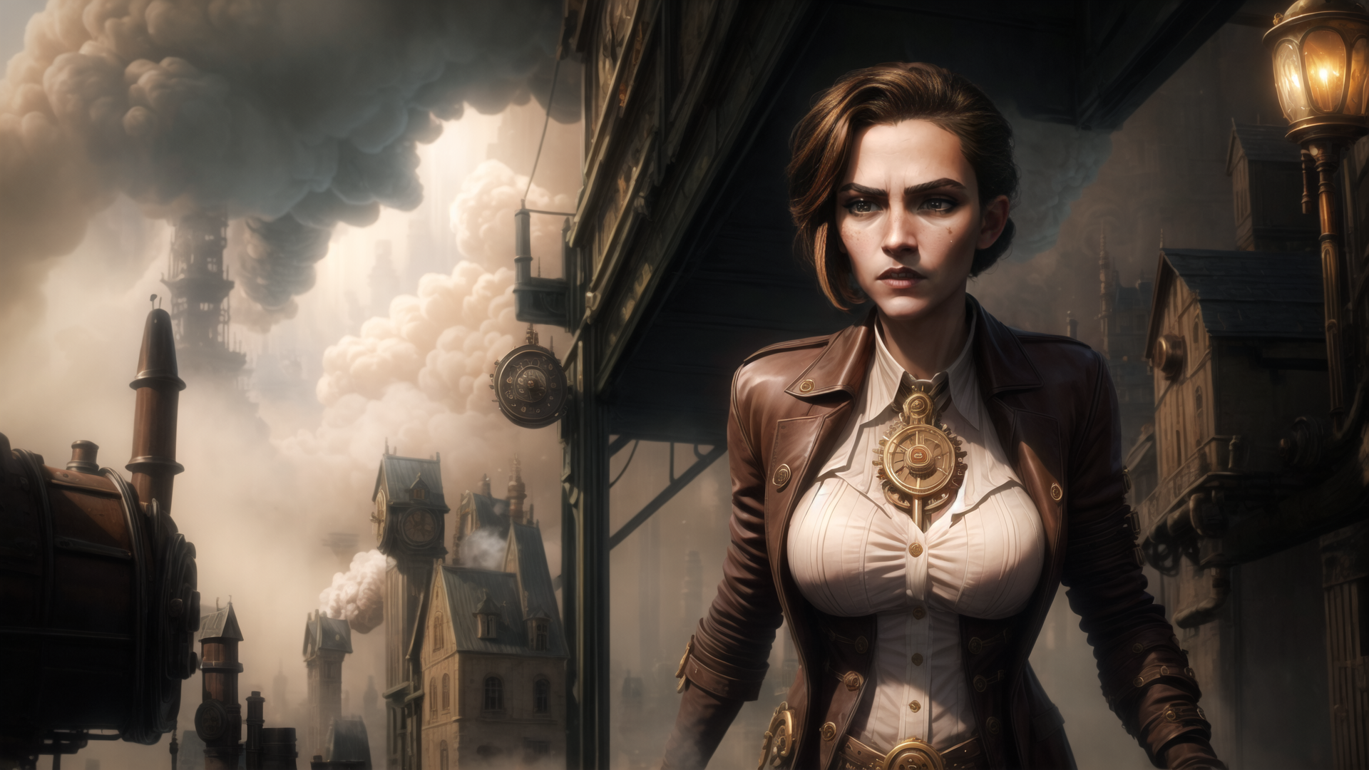 AI generated wallpaper featuring woman, steampunk, city