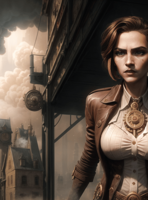 woman, steampunk, city