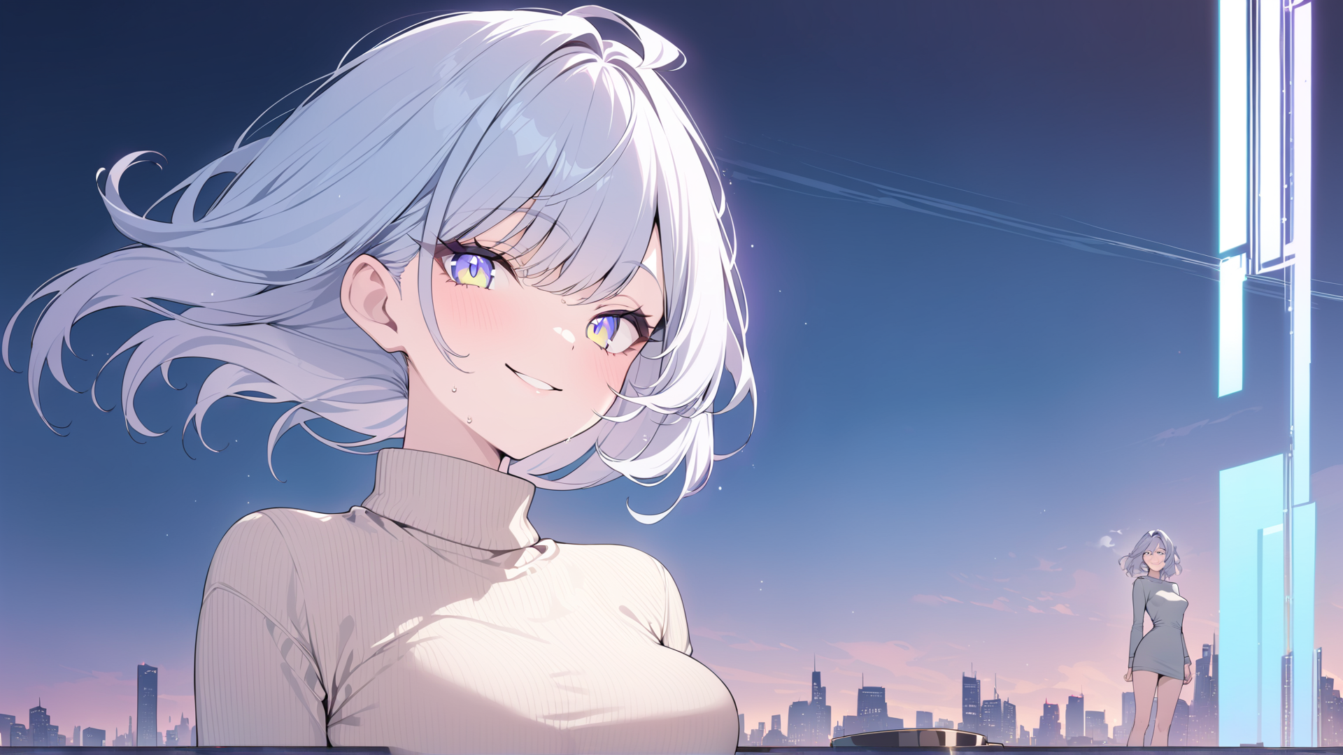 AI generated wallpaper featuring anime girl, cityscape, neon