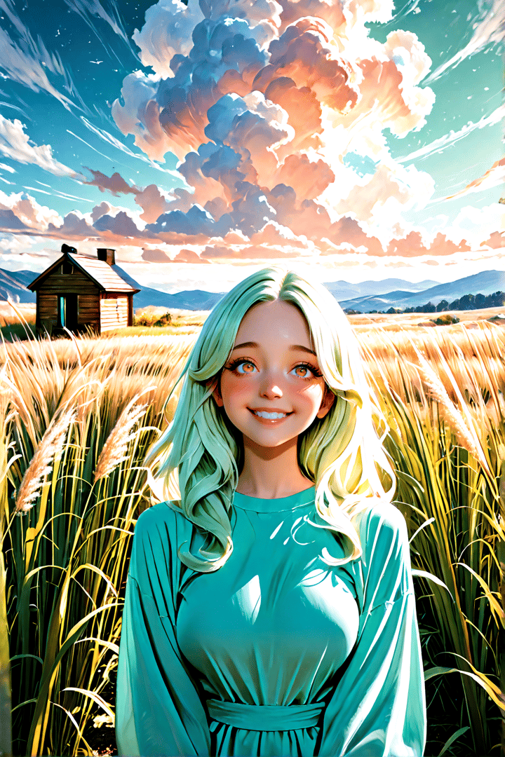 AI generated wallpaper featuring girl, field, house, clouds, mountains