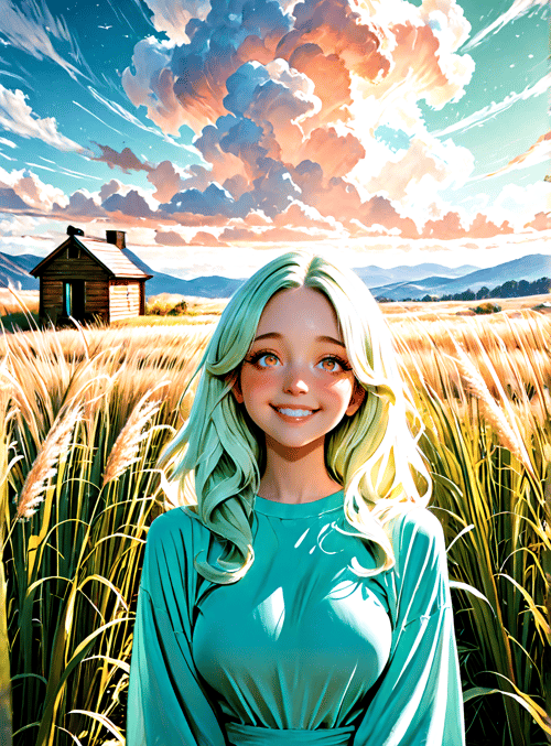 girl, field, house, clouds, mountains