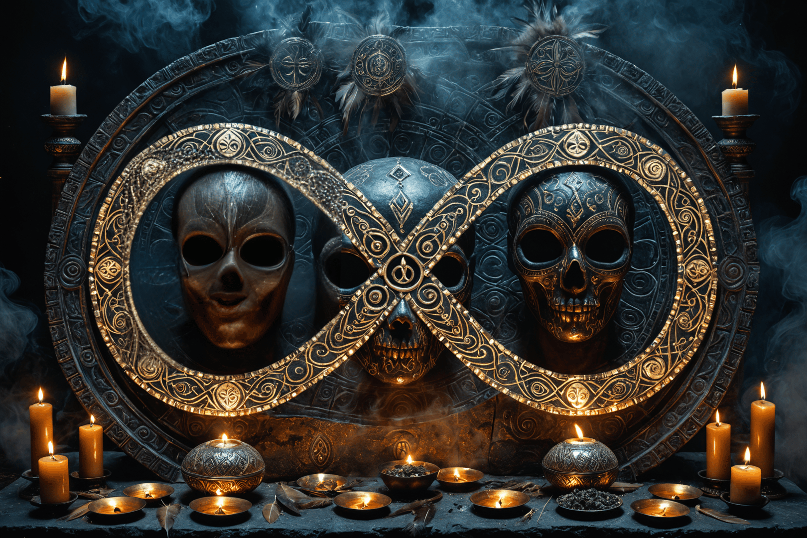 AI generated wallpaper featuring skulls, candles, headdresses
