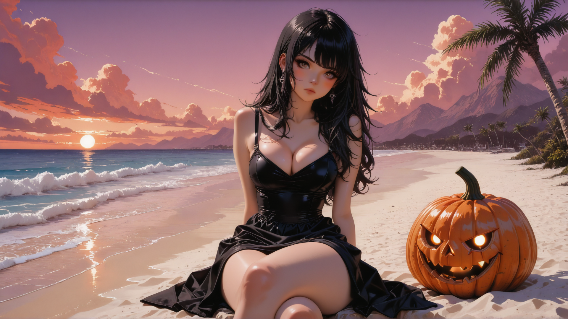 AI generated wallpaper featuring woman, pumpkin, beach, sunset, palm tree, dress, ocean, sand, mountain, sun