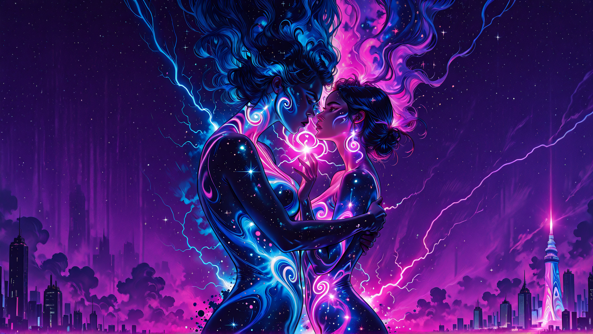 AI generated wallpaper featuring woman, woman, cityscape, stars, lightning