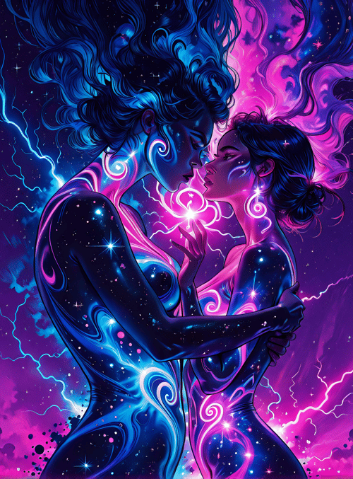 woman, woman, cityscape, stars, lightning
